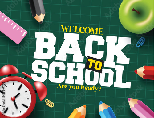 Welcome back to school greeting clipart design. School text in green grid line space background clip art with realistic educational supplies like red alarm clock, color pencil, ruler and apple border 