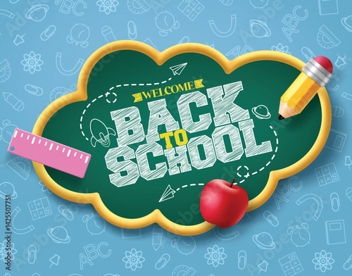 Back to school chalkboard clipart template design. School greeting text clip art in cloud green chalkboard with pencil, ruler and apple elements in blue doodle educational background vector 