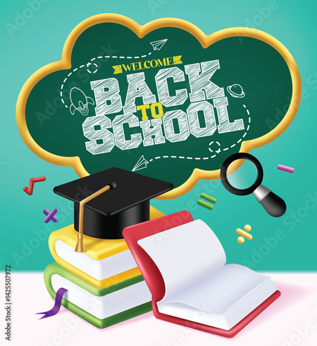Welcome back to school greeting clipart poster design. School text in cloud chalkboard clip art with colorful reading books, mortar board and magnifying glass educational elements in green background 