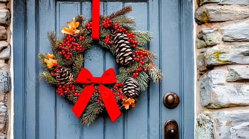 Christmas Wreath on Gray Door of Stone House