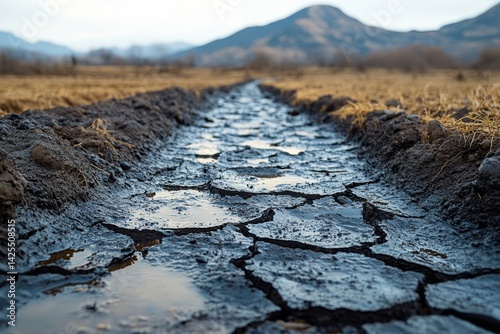 A close-up view of dry, cracked earth with streaks of water in a rural landscape surrounded by mountains.
