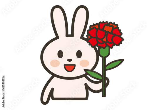 笑顔でカーネーションを持つかわいいうさぎさんの上半身イラスト