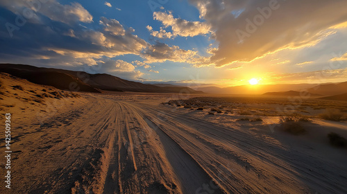 A high-quality image portraying sunrise transforming snow-capped aeolian landscapes: winter ecozone landscape along a dirt road, as the red dawn emerges and the last glimmer of sunset fades.