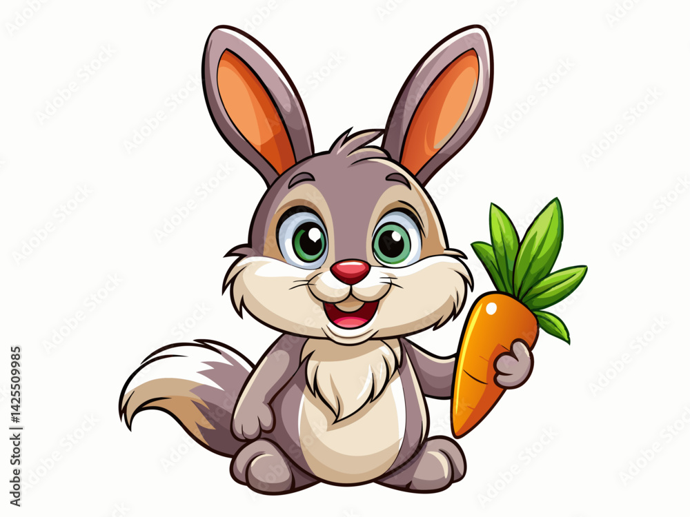 Obraz premium A high-quality vector illustration of an adorable cartoon bunny holding a carrot, with big ears and a cute smile, isolated on a white background