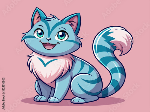 A professional vector of a smiling cartoon kitty sitting with its tail curled, drawn in soft pastel colors, on a solid light pink background