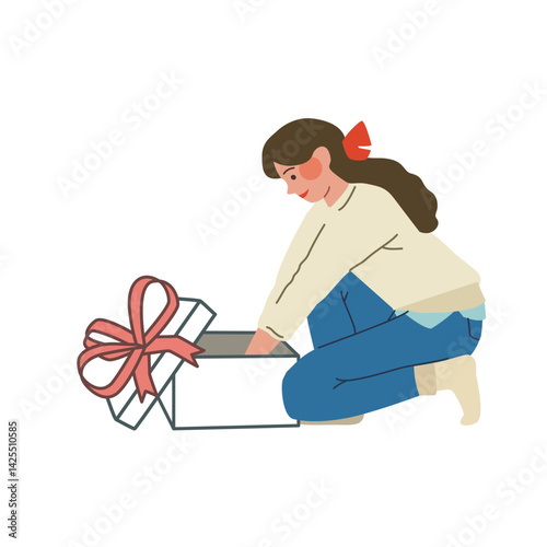 Happy woman, girl, mother, wife putting a gift in a box tied with a bow. Vector flat holiday illustration.