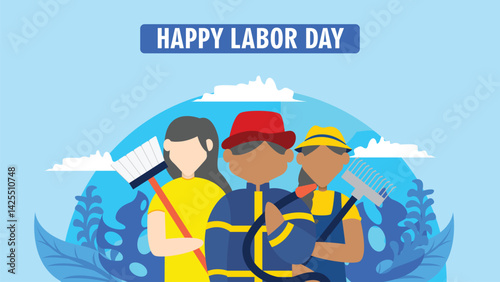 Labor day four people of different professions celebrate happily.