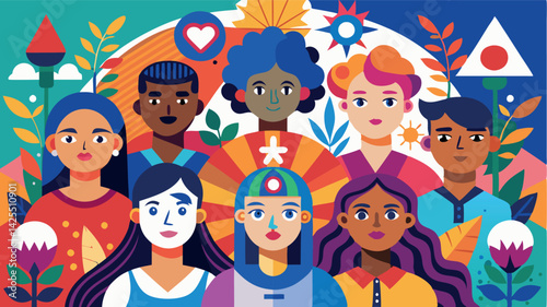 The composition conveys a sense of unity, mutual respect and acceptance of people's differences. The image symbolizes diversity and inclusiveness through contrasting colors and bold shapes.