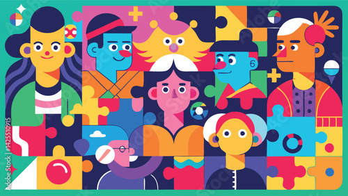 A bright and bold composition with abstract figures of people connected in a puzzle style creates a sense of dynamics and unity. The color scheme is rich and contrasting, attracting attention.