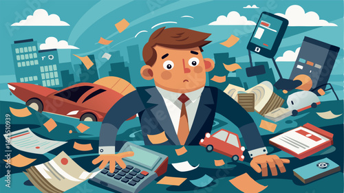 Overloaded corporate manager drowns in a pile of transport bills. Office stress.