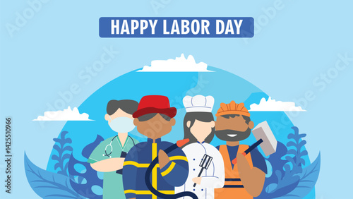 Labor day four people of different professions celebrate happily.