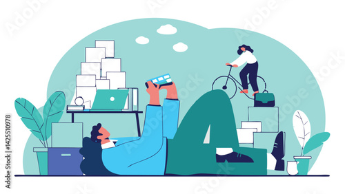 A corporate manager is drowning in a pile of transport bills in a panic. In the background, employees find a creative way to save money - carpooling on a bicycle.