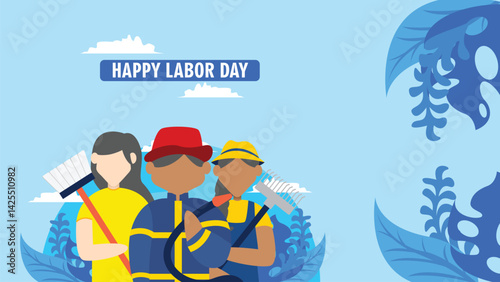 Labor day four people of different professions celebrate happily.