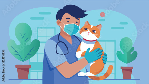 A veterinarian in a medical uniform and mask carefully holds a cat during an examination. The doctor shows care and professionalism, creating an atmosphere of trust.