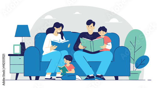 A large family is comfortably settled on the sofa, reading a book together. The atmosphere is filled with warmth, care and the joy of spending time together.