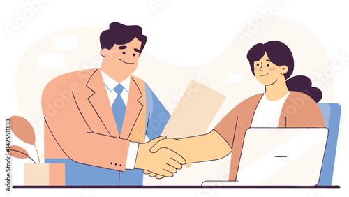Professional job interview. Man in suit and woman shaking hands at table symbolizing agreement and cooperation. Formality and professionalism of the business environment.