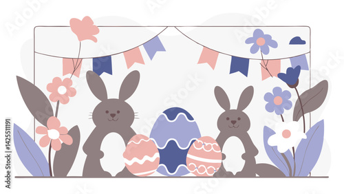 Colorful easter banner decorated with cute hares, painted eggs and spring flowers. Festive atmosphere