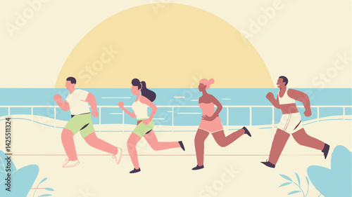 A group of friends jogging along the coast against the backdrop of a sunset creates an atmosphere of freedom and energy. The image conveys the spirit of an active lifestyle.