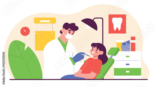 A male dentist examines a little girl's teeth in a modern clinic. The child listens to the doctor with interest and trust, sitting in the dentist's chair.