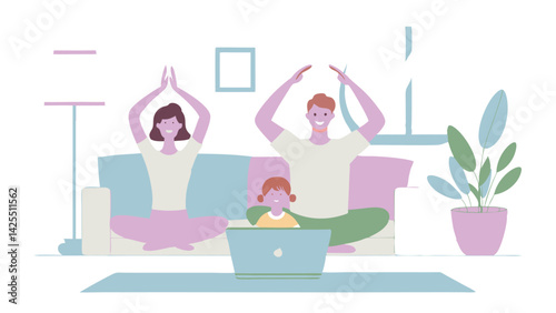 A young family practices yoga at home, following an online workout on a laptop. A parent and a child do the exercises with smiles, enjoying the moment