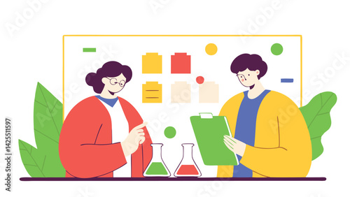 In a pharmaceutical company lab, female scientists discuss research results using a tablet and scientific notes. They are analyzing data to develop a vaccine.