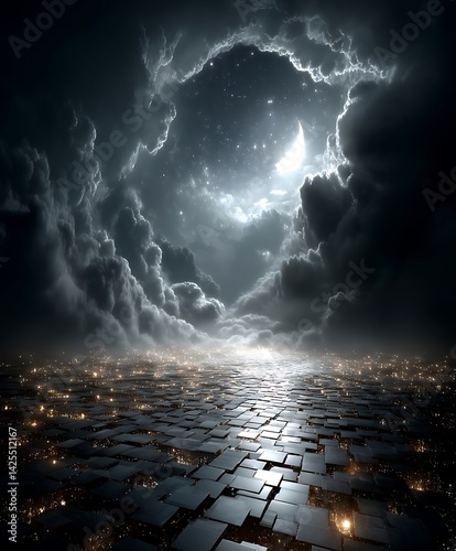 A scene featuring a pathway of shiny squares under a night sky with a cloudy aperture. The sky includes a crescent and dispersed spots of light.