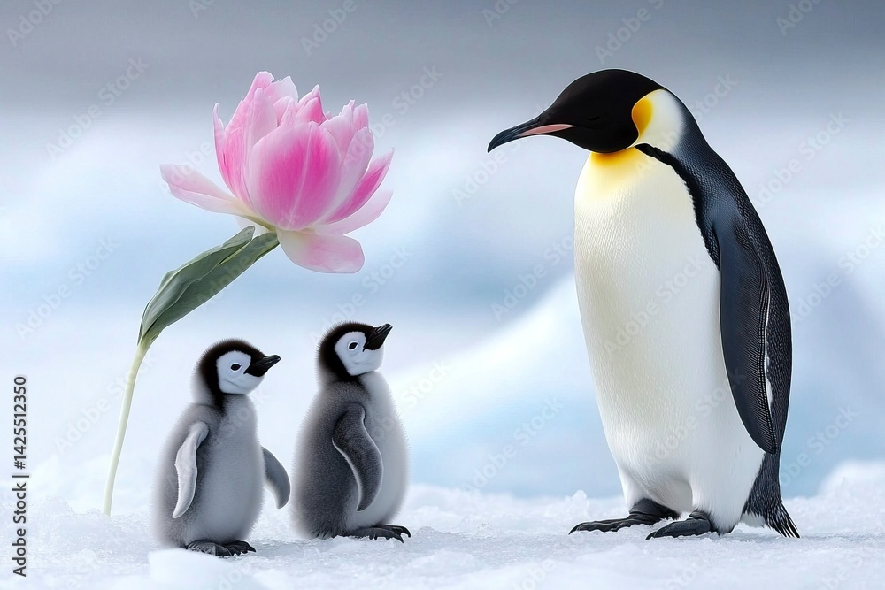 Obraz premium Emperor penguins standing in a group with their young on the ice of Antarctica, a realistic photo shoot using natural light and high-resolution photography. 