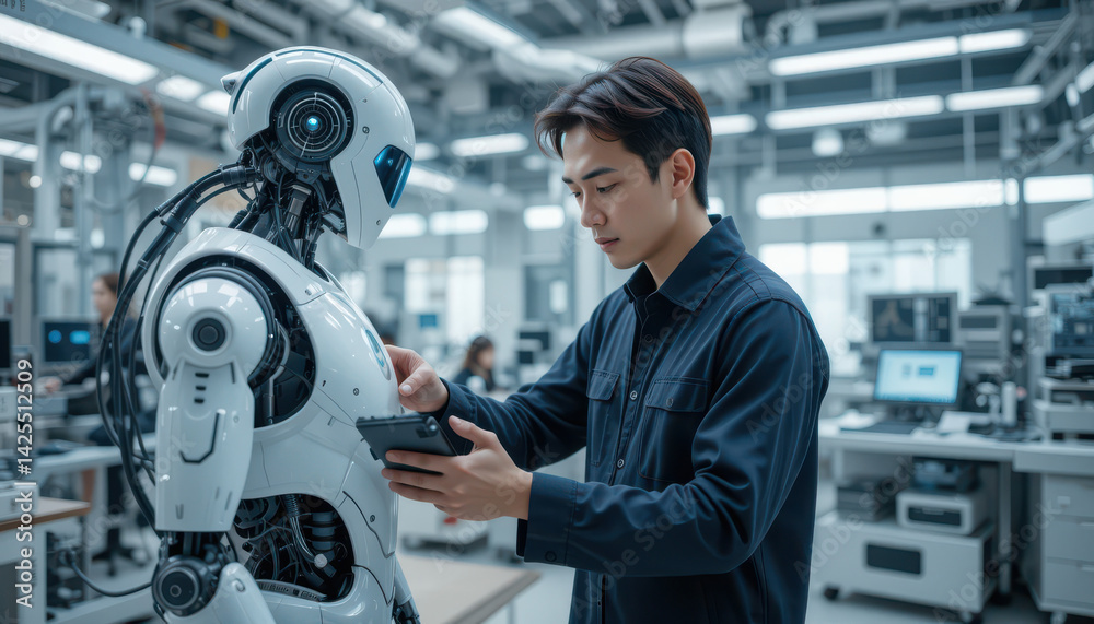 Fototapeta premium A technician interacting with a humanoid robot in a lab setting.