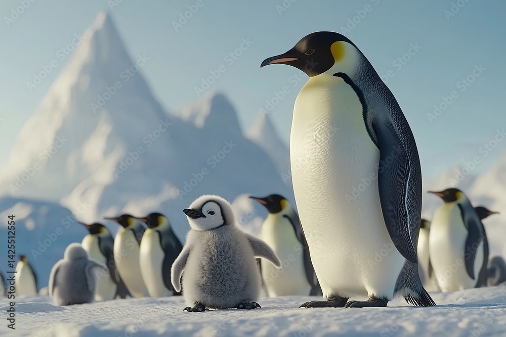 Obraz premium Emperor penguins standing in a group with their young on the ice of Antarctica, a realistic photo shoot using natural light and high-resolution photography. 
