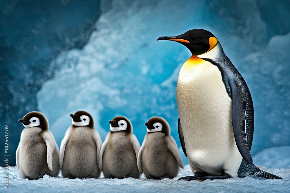 Obraz premium Emperor penguins standing in a group with their young on the ice of Antarctica, a realistic photo shoot using natural light and high-resolution photography. 
