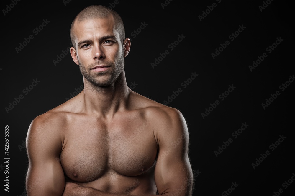 Fototapeta premium A man with a shaved head and a muscular chest stands in front of a black background. He has a serious expression on his face