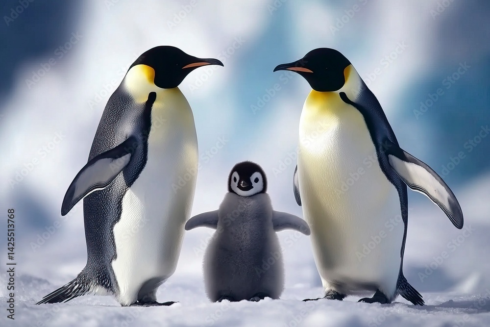 Obraz premium Emperor penguins standing in a group with their young on the ice of Antarctica, a realistic photo shoot using natural light and high-resolution photography. 