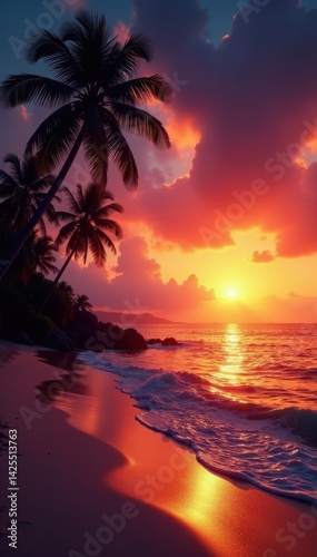 Sunset over Samoan beach with swaying palm trees , twilight, silhouette, beach scene