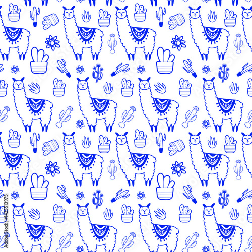 A seamless boho pattern of fluffy alpacas.