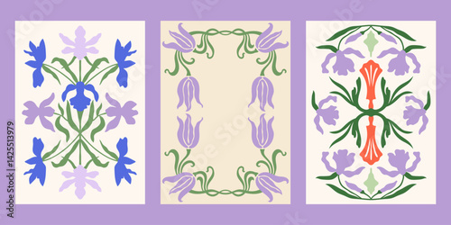 Art Nouveau style vector posters set. Vintage abstract print designs with symmetric florals compositions and frames