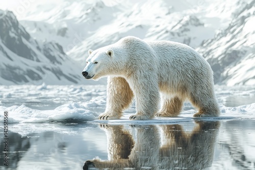 A majestic polar bear walking on ice, reflecting its image in calm waters, surrounded by snowy mountains in a serene Arctic landscape.