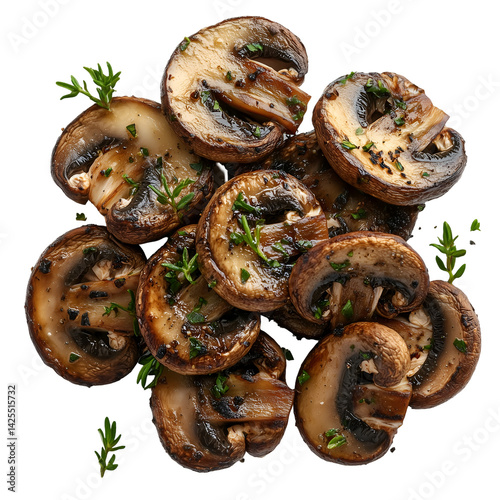 Sautéed Mushrooms: A close-up shot of perfectly sautéed mushrooms, golden-brown, garnished with fresh herbs, tempting the viewer's palate with its savory goodness.