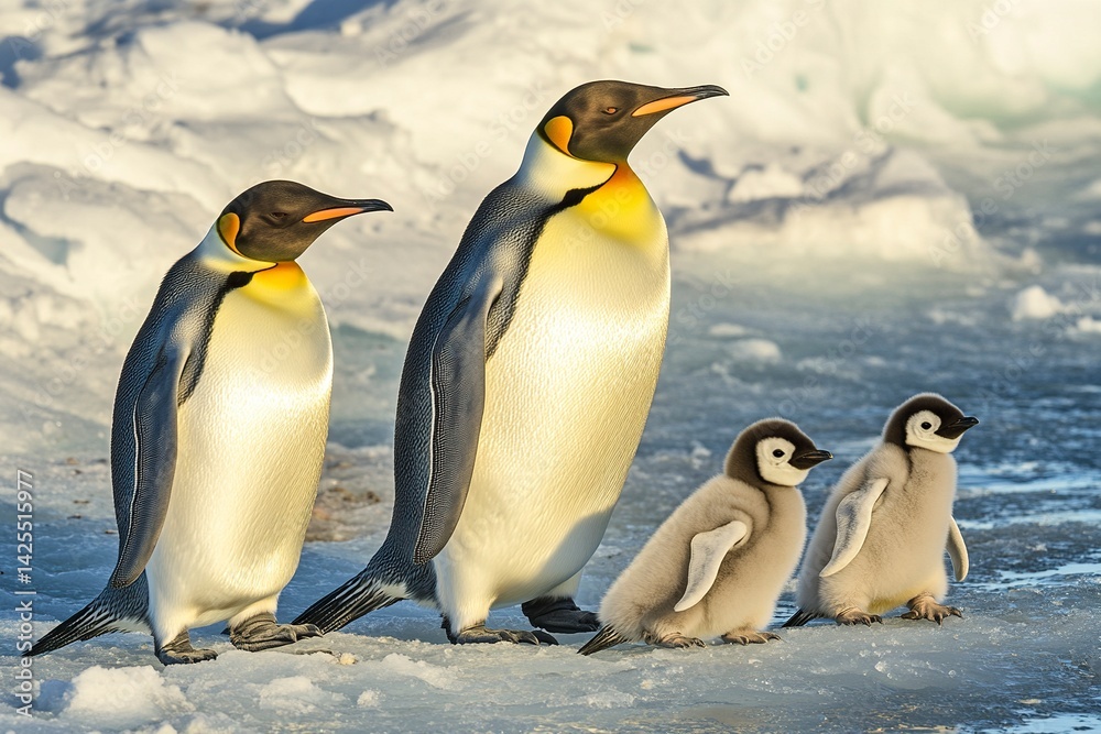 Fototapeta premium Emperor penguins with chick, side view. A family of emperor penguins on the ice in Antarctica. Stock photo contest winner, high-resolution image, high detail, high quality. 
