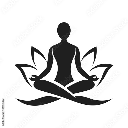 Meditative Yoga Pose Silhouette with Abstract Leaf Accents, Vector Illustration.eps