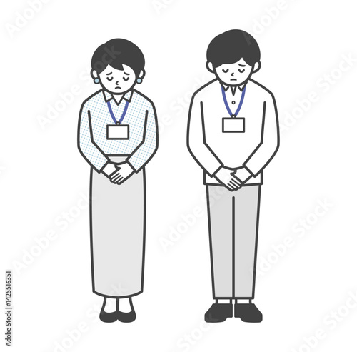 謝罪をするオフィスカジュアル姿の男女（全身）