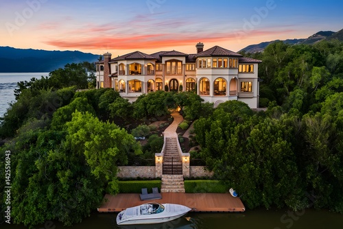Luxury Waterfront Estate Breathtaking Sunset Views, Private Dock, and Grand Architectural Design photo