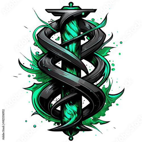 Entangled Linear Watercolor Totem in Black and Inky Green. Perfect for: Halloween, art therapy, expressive arts festivals