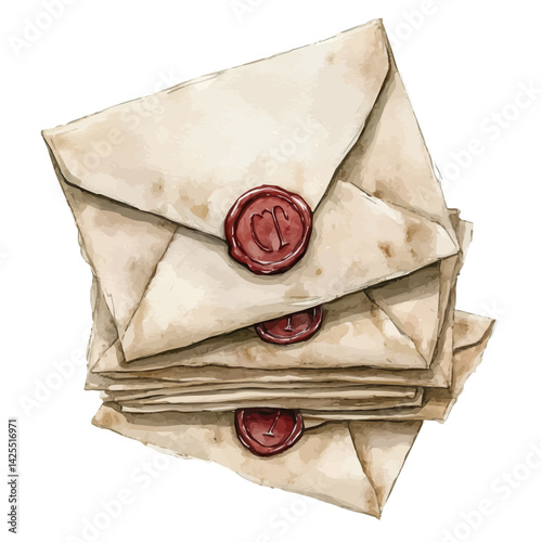 Envelope stack with a wax seal, watercolor illustration, isolated on a white background.

