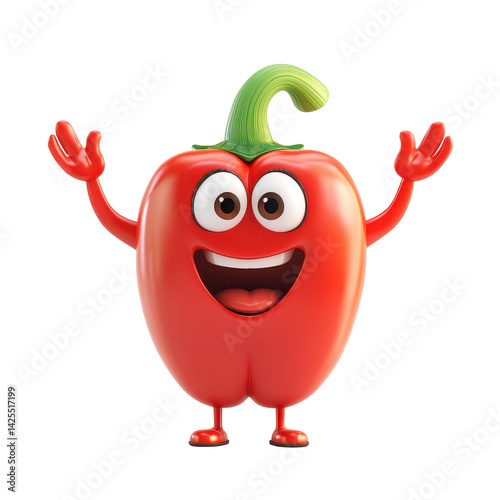 Red pepper character with a cheerful expression waving its arms in a playful stance
