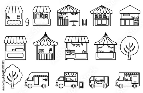 マルシェ・屋台・キッチンカーのシンプル線画ベクターイラストセット
