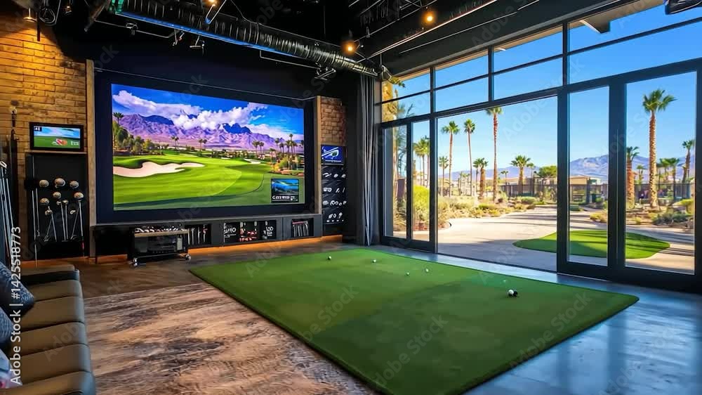 Modern Golf Simulator Room with Outdoor View