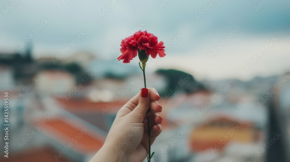 Obraz premium Celebrating national day of portugal with a red carnation in hand. Liberty Day. Horizontal banner. Copy space. Hand with carnation