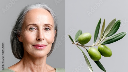 Woman with grey hair and a green olive branch. The woman is smiling and looking at the camera. The olive branch is green and has a few brown spots