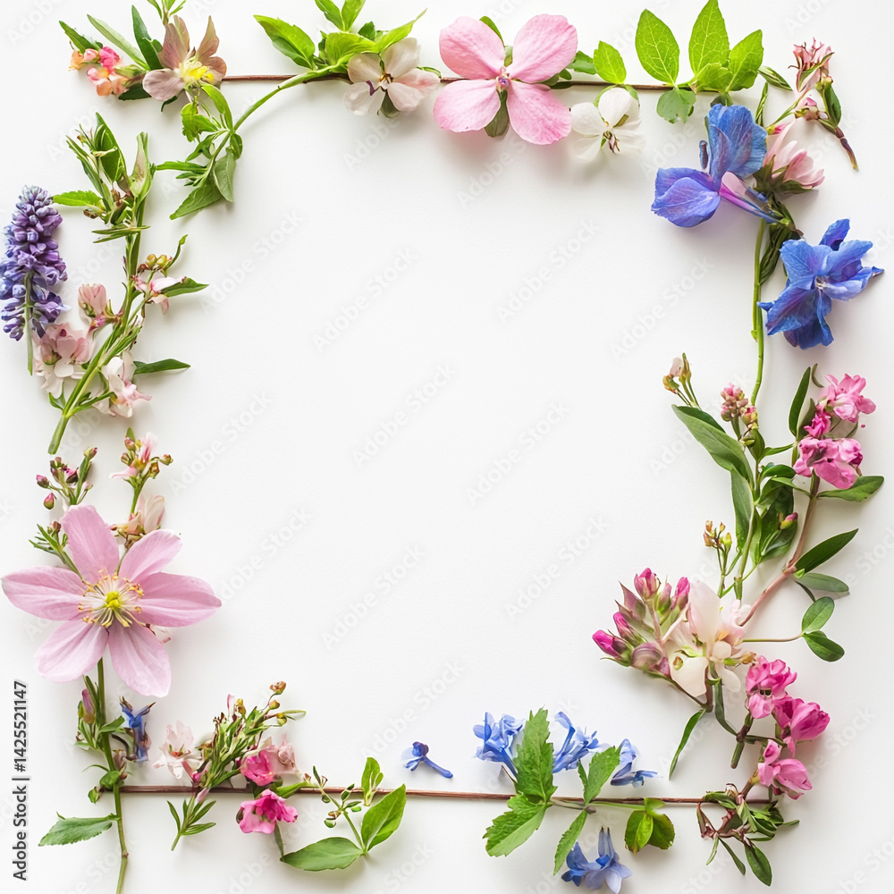Fototapeta premium Spring garden-inspired flower frame, isolated on white background