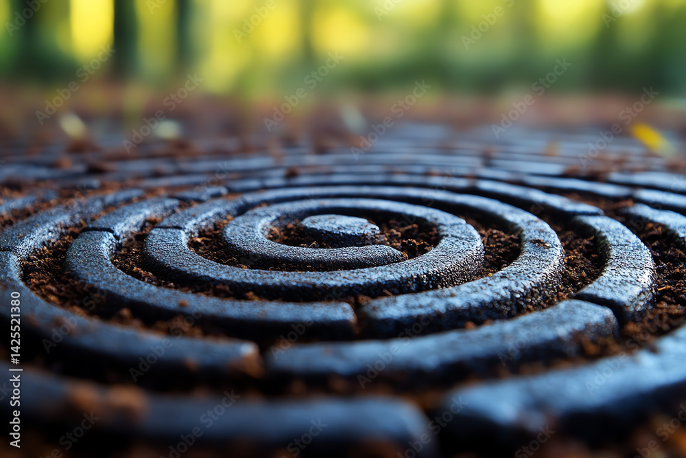 A serene spiral pathway made of stone in a tranquil natural setting, inviting calm and contemplation among soft greenery. A serene spiral pathway made of stone in a tranquil natural setting, inviting calm and contemplation among soft greenery.